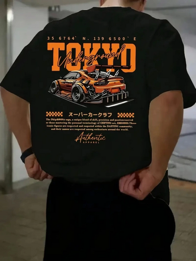Baskılı Oversize Bisiklet Yaka T-shirt - Siyah