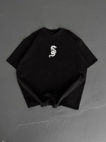 Baskılı Oversize Bisiklet Yaka T-shirt - Siyah