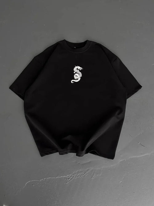 Baskılı Oversize Bisiklet Yaka T-shirt - Siyah