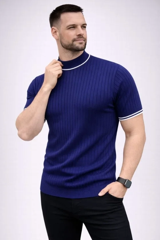 Erkek Fitilli Triko Dokuma Kısa Kol Tişört Yarım Boğaz Modern Yazlık T-Shirt - Lacivert