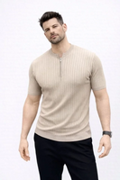Erkek Kısa Kol Fitilli Triko T-Shirt Yazlık Hakim Yaka Tişört - Bej