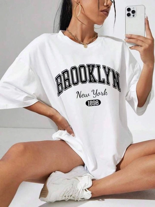 Kadın Brooklyn New York Baskılı Oversize Tshirt
